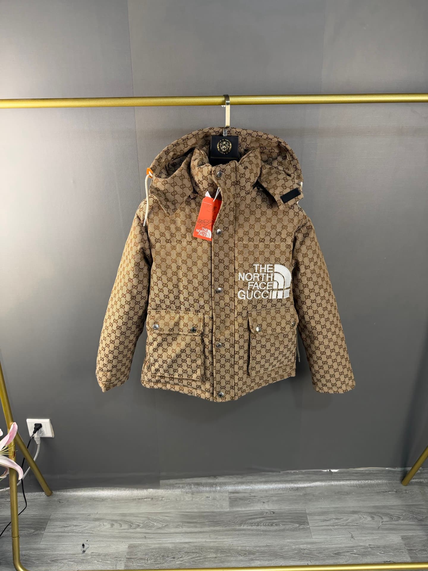 THE NORT H FACE × GUCCI, Doudoune, Couleur kaki, Modèle automne-hiver, Mode classique, Chaude et confortable,