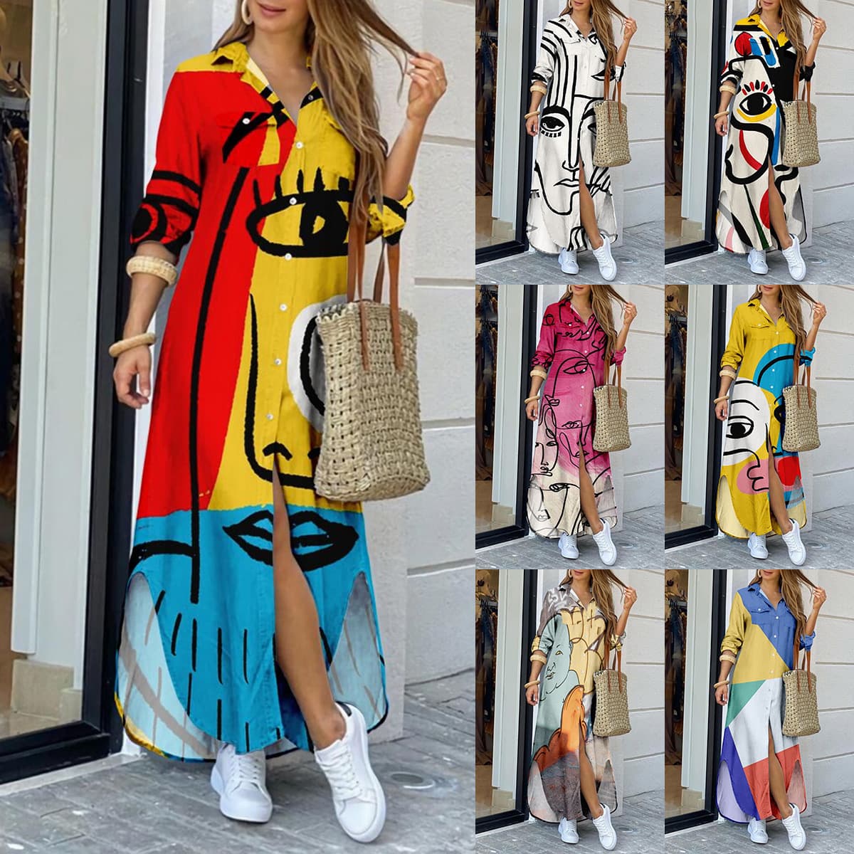 Women's fashion long sleeve printed shirt skirt long dress positioning flower