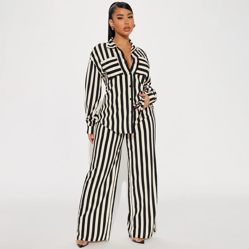 Women's Two-piece Set Fashion Casual Home And Outing Striped Button-down Shirt And Trouser Suit