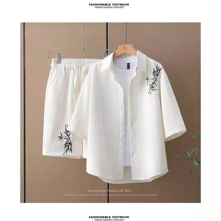 Men's Clothing Summer Suit Waffle Short Sleeved Shirt Men's Set Of Clothes Bamboo Leaf Embroidery Shorts Loose Trendy Two Piece Suit
