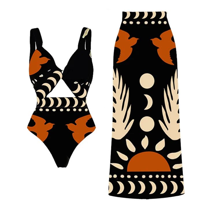 Women's Clothing One Piece Swimsuit Deep V Hollow Pattern Printed Suit Women's Linen Skirt 2691