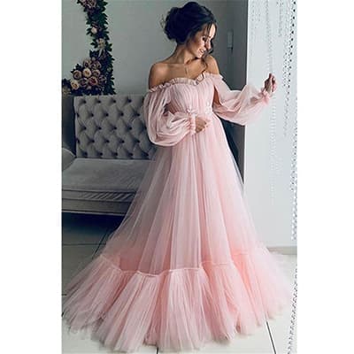 Women's 2023 off-the-shoulder mesh long sleeve wedding dress large hem dress Bridal Wear