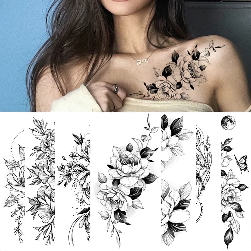 Exclusive Sketch Flower Tattoo Stickers Sketch Tattoo Stickers Rose Flower Black And White Flower Tattoo