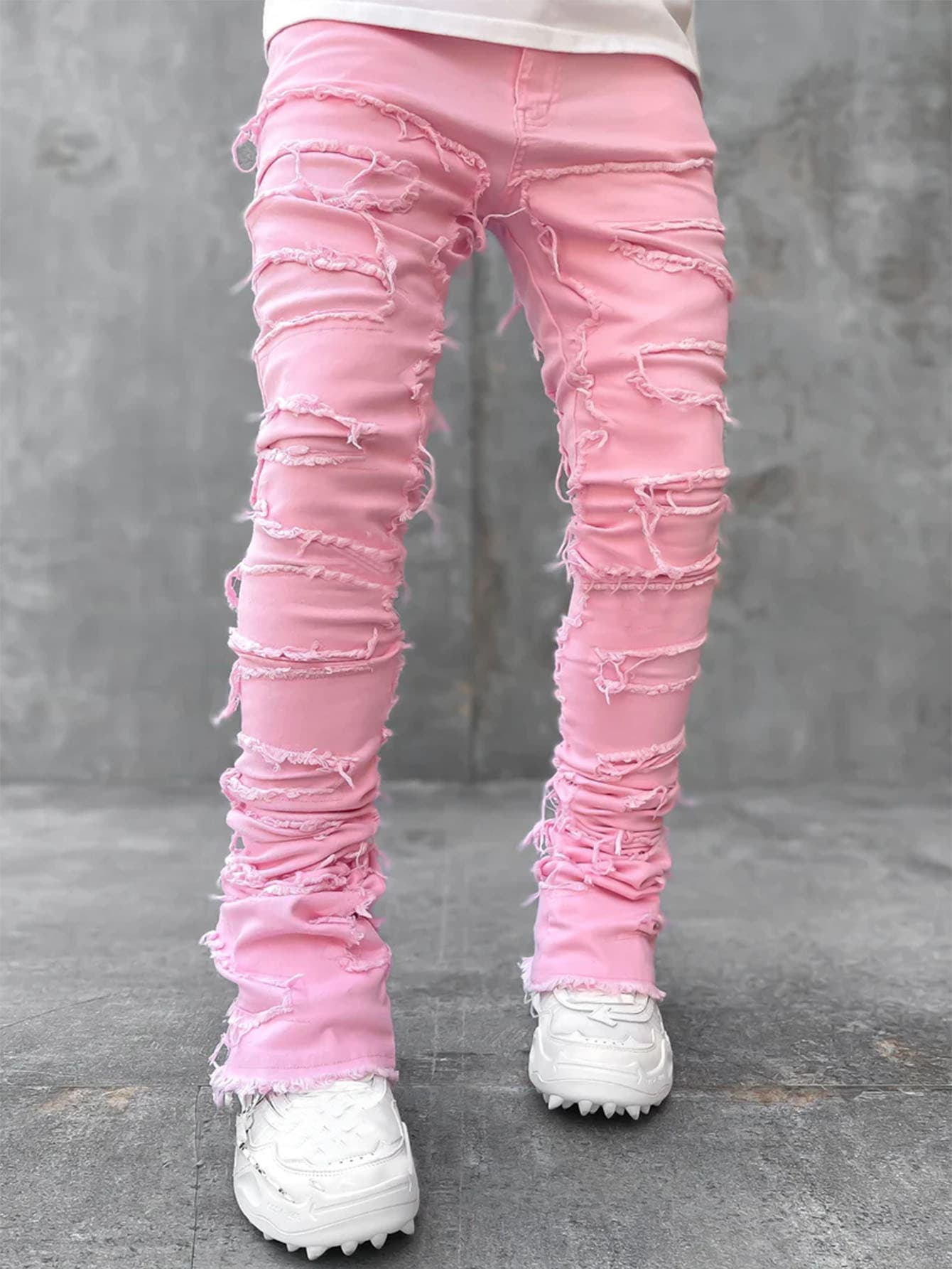 Mode Stretch Patch hommes Jean Y2K Patchwork créatif glands décoration pantalon en Denim droit pour hommes Hip Hop Jean pantalon
