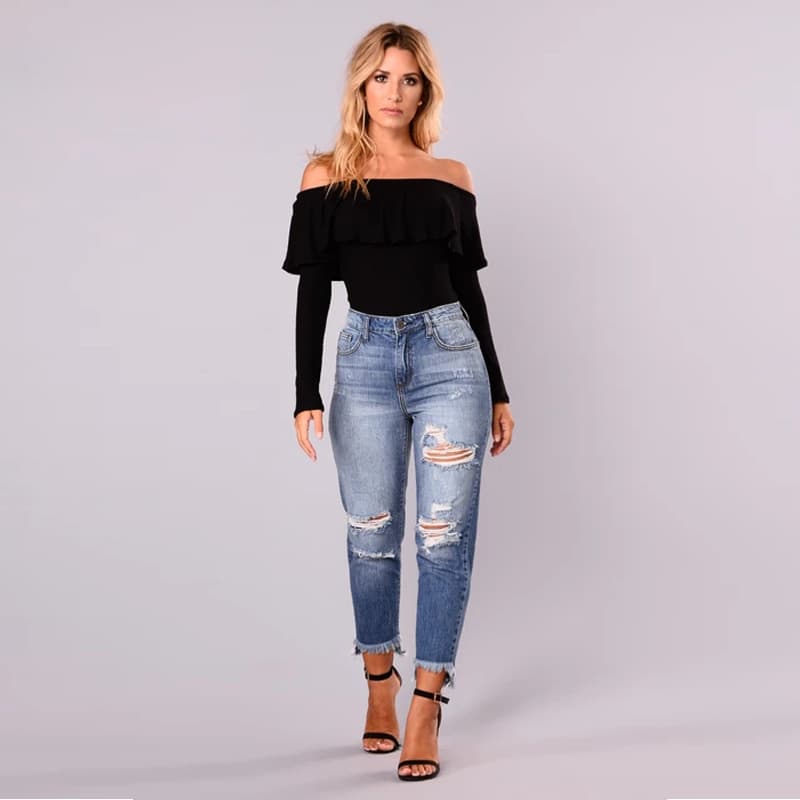 Women's Pants Fashion Broken Hole Denim Irregular Hem Cropped Jeans