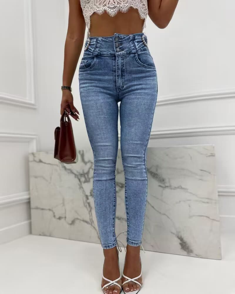 Women's clothing Best Selling h Pearl Buckle High Waist Skinny Denim Trousers