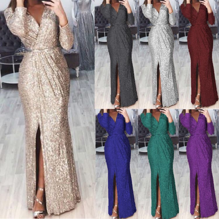 Women's Clothing Women's long dress evening dress deep V-neck sparkling evening sexy dress