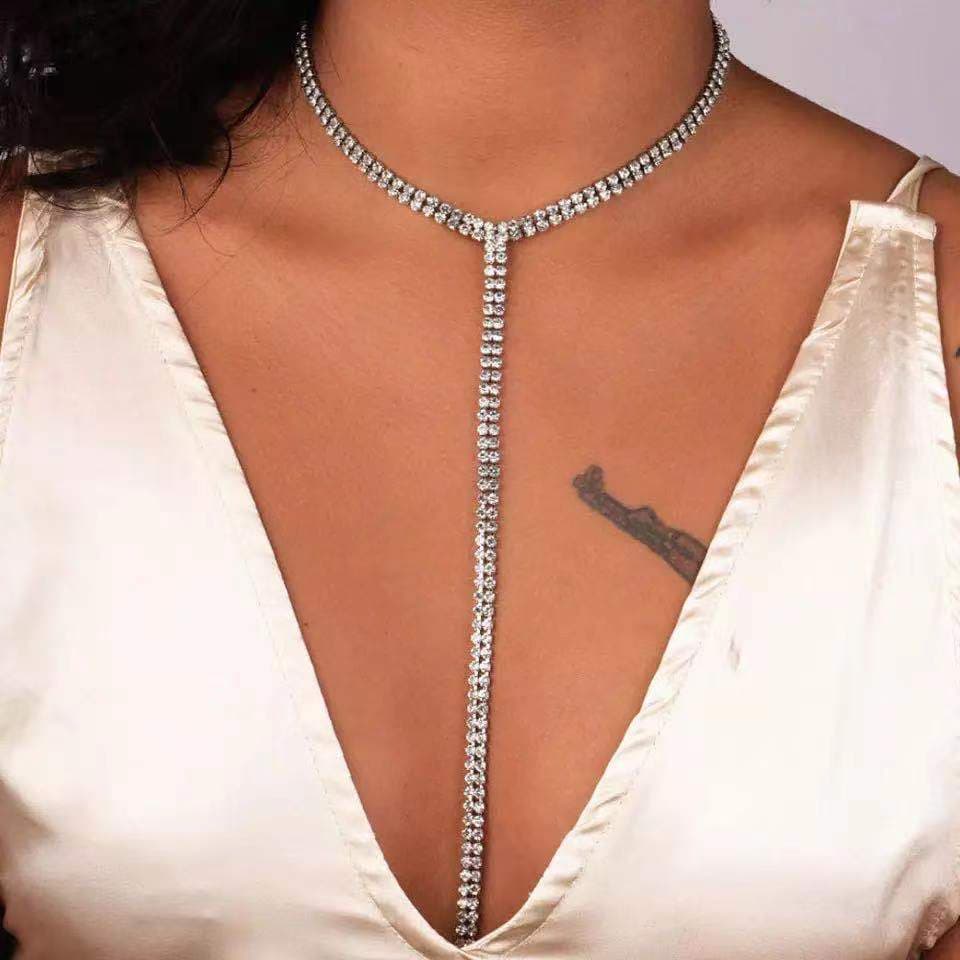 Fashion jewelry T shaped sexy super flash full diamond double layer necklace long chain clavicle chain necklace
