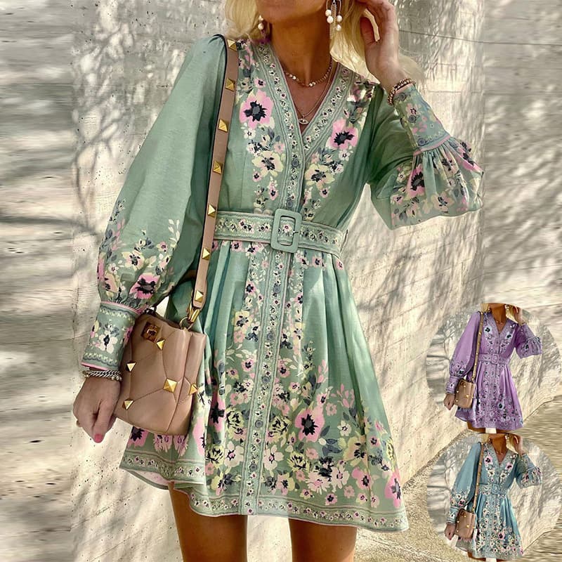 women's long-sleeved V-neck loose printed bohemian dress