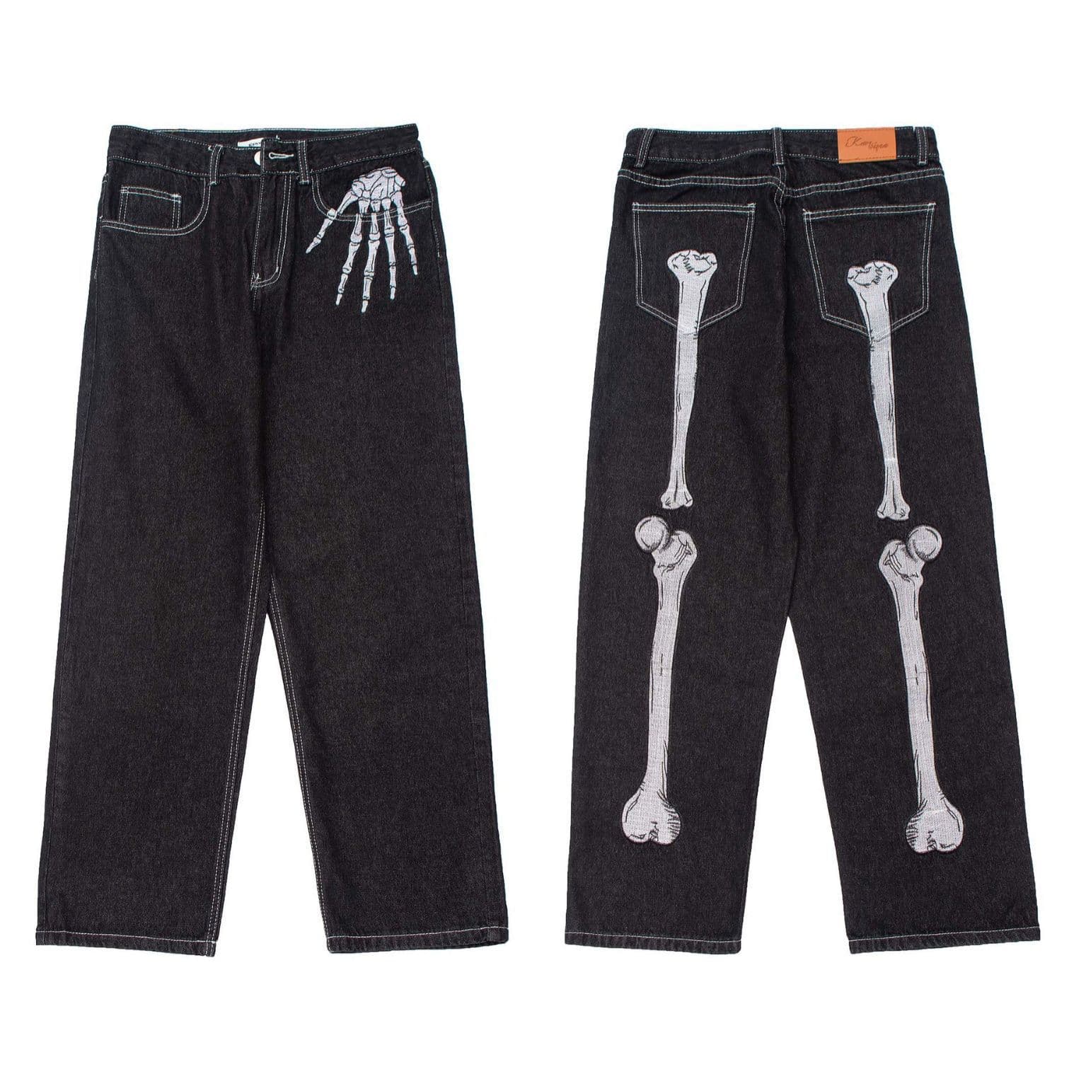 ​​Men's Dark Skeleton Print Jeans – Trendy Loose Fit Wide Leg Straight Denim Pants With Edgy Streetwear Design​​