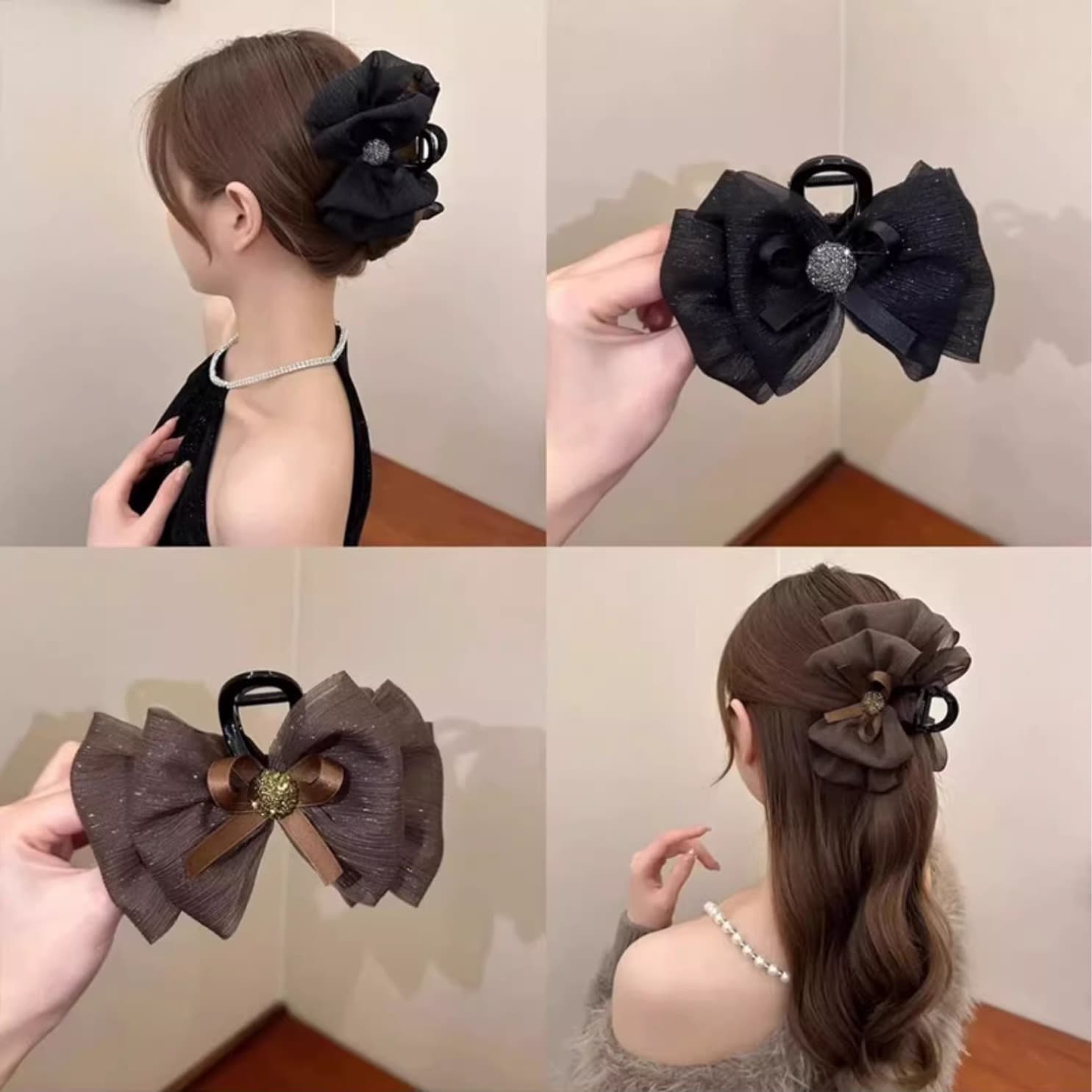 Spring New bow updo hair clip female bright silk hair clip back head hairpin mesh cloud bubble shark clip