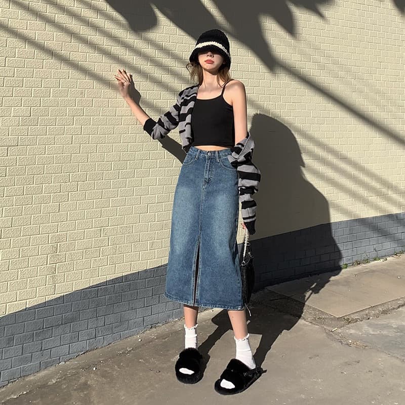 Women's Clothing Denim Skirt Spring High Waist Hip Skirt New Retro Straight Loose A Line Mid Length Skirt
