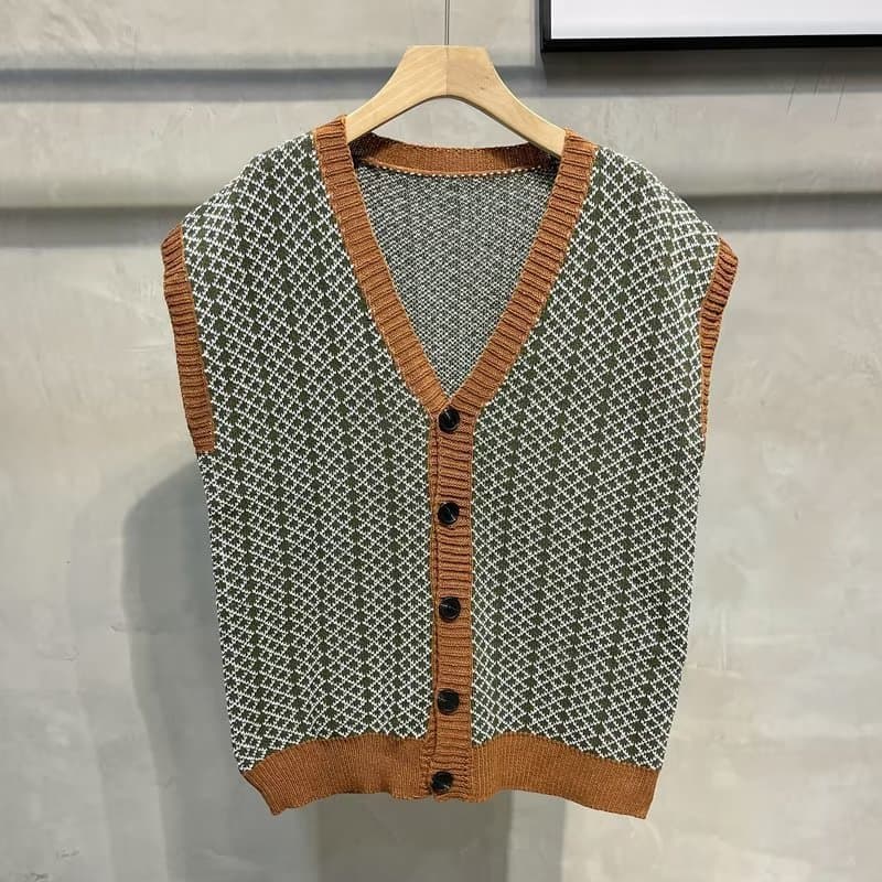 Men's Clothing Retro V neck knitted cardigan for men autumn and winter all match style contrast color loose waistcoat vest sleeveless vest