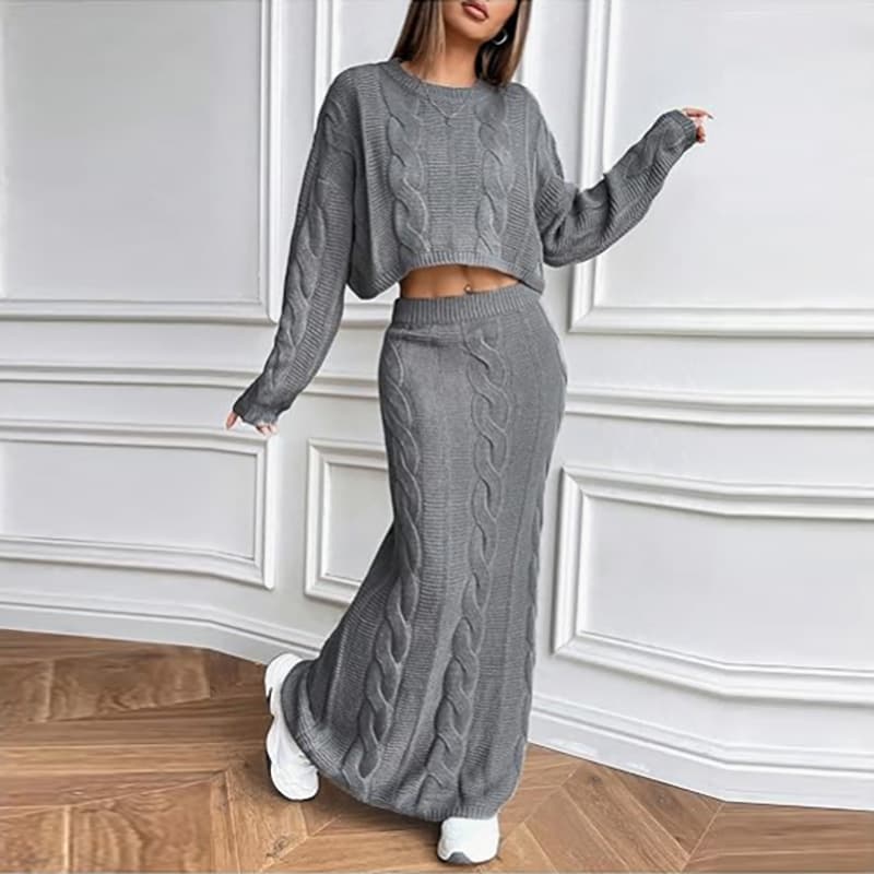 ​Women's Knit Dress & Sweater Set – Stylish Cable-Knit Long Dress With Round Neck Pullover, Casual Two-Piece Outfit​