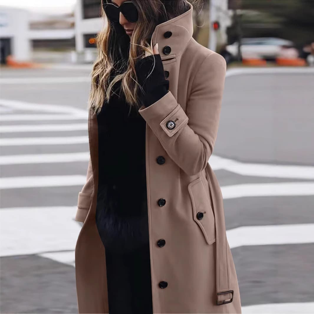 ​​Slim-Fit Wool Blend Pea Coat For Women – Elegant Short Trench Coat With Belted Waist​​ Coat Solid Color Women's Coat