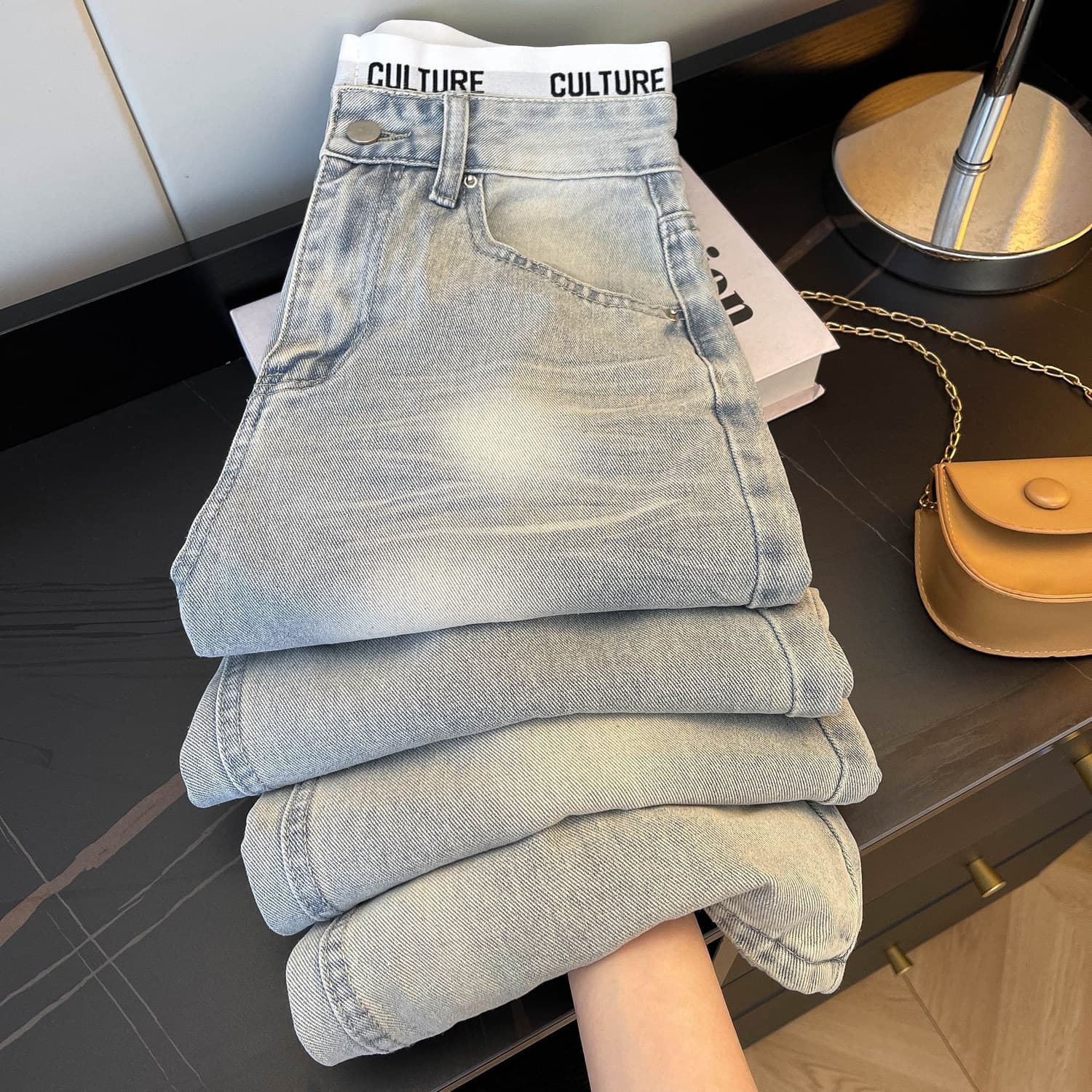 Women's Clothing Women's High-Waisted Slimming Patchwork Distressed Jeans Light Blue Loose Wide Leg Trousers Retro Style Clothing For Spring Autumn