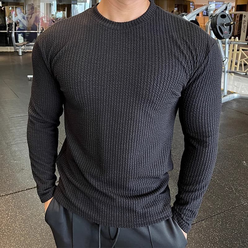 Unbeatable Quality Spring And Autumn New Long Sleeve Men's Texture Slimming Round Neck Bottom Shirt