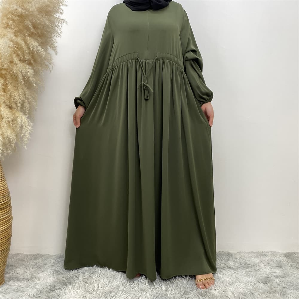 Muslim Minimalist Design Solid Color Elastic Sleeves, Front Zipper Elegant And Versatile Large Hem Dress 6692