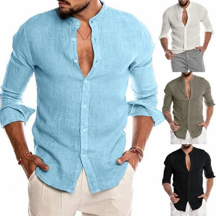 Men's Hot Style Autumn And Winter V-neck Linen New Cardigan Stand Collar Long-sleeved Men's Shirt