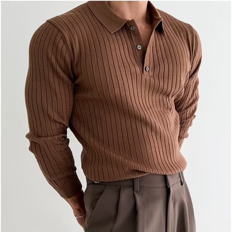 American Tough Guy Knitted Polo Shirt Muscle Men's Slim Long Sleeved Sweater T Shirt Lapel Pit Stripes Autumn And Winter New Warm