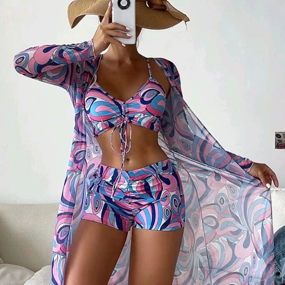 Bikini Swimwear Women's Split Striped Multi-color Three-piece Bikini Swimsuit
