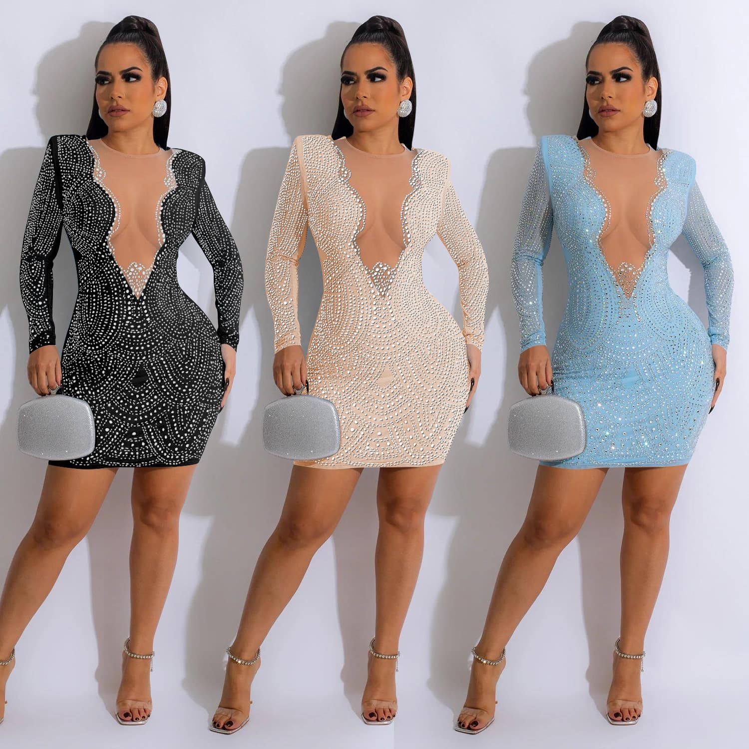 Women's fashion women's solid color rhinestone mesh V-neck long-sleeved New Year evening dress