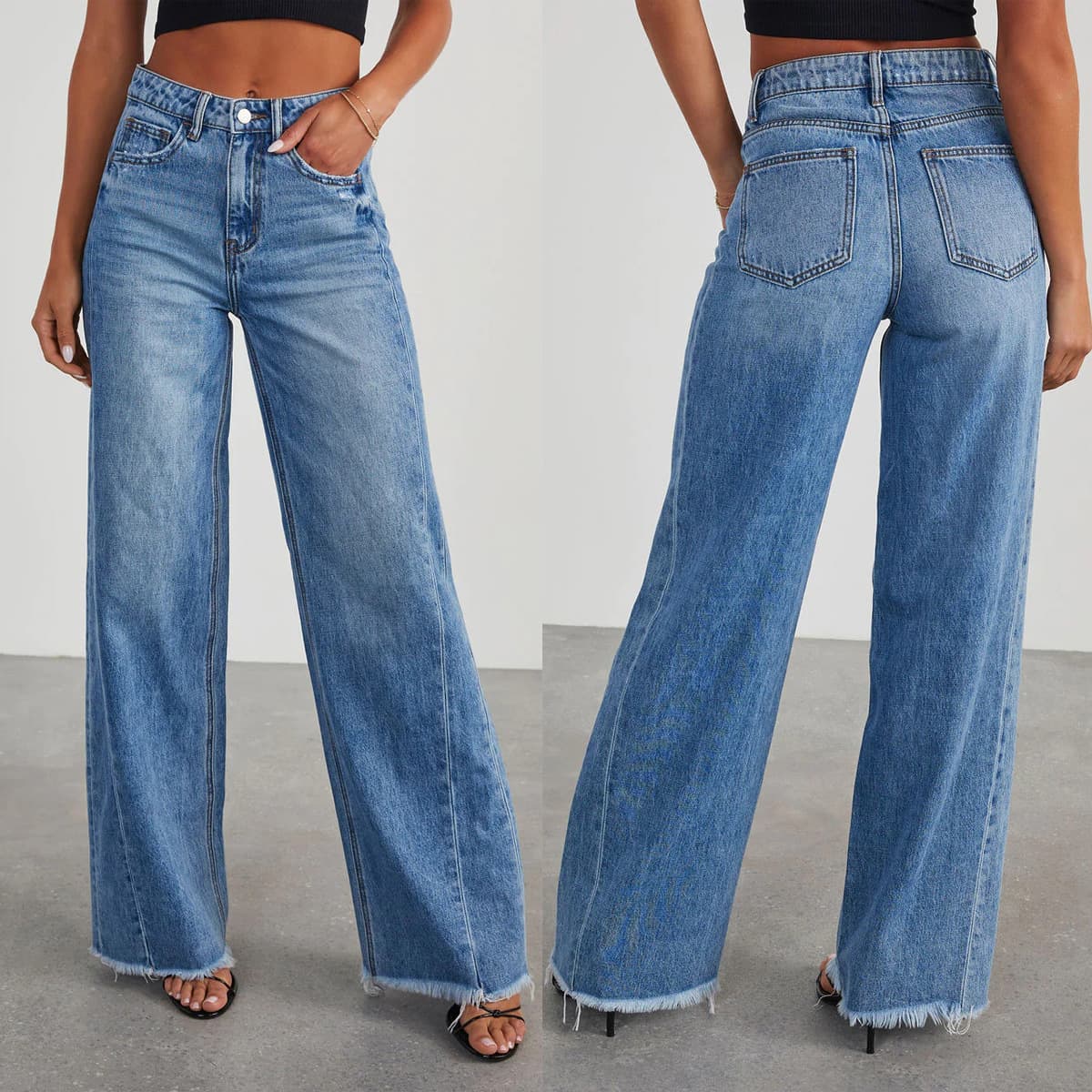 Women's Clothing Loose Wide Leg Side Seam Stitching Frayed Hem Jeans
