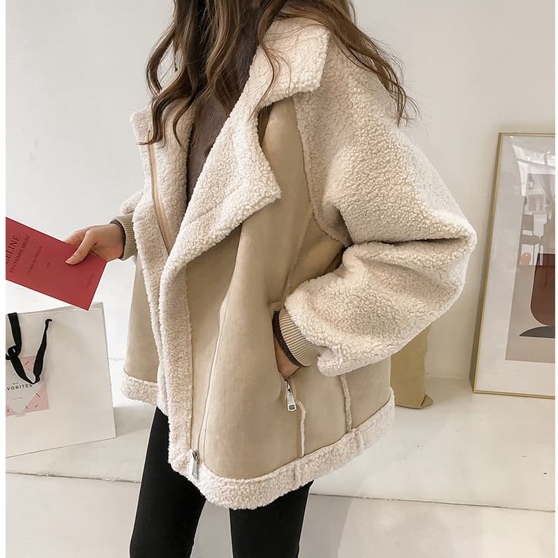 Women's chic loose fur one-piece suede jacket women's short lamb velvet motorcycle jacket