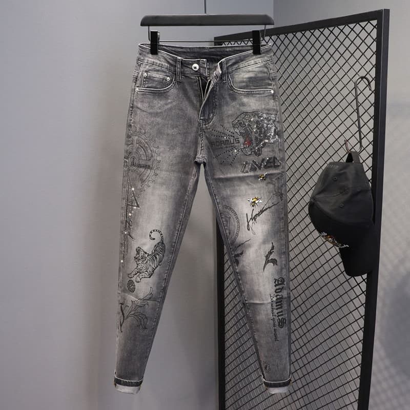 Men's Clothing Men's Jeans Spring And Autumn Gray Trendy Brand Tiger Head Heavy Industry Hot Diamond Slim Elastic Foot Long Pants