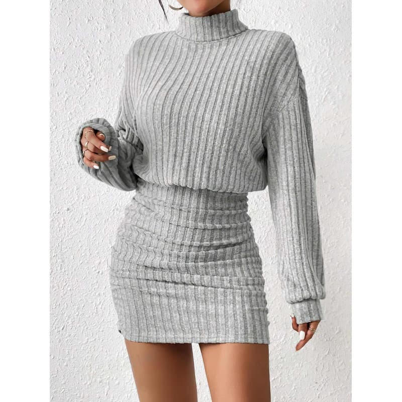 Robe côtelée à manches longues et col montant pour femme - Robe mi-longue moulante coupe ajustée pour l'automne et l'hiver
