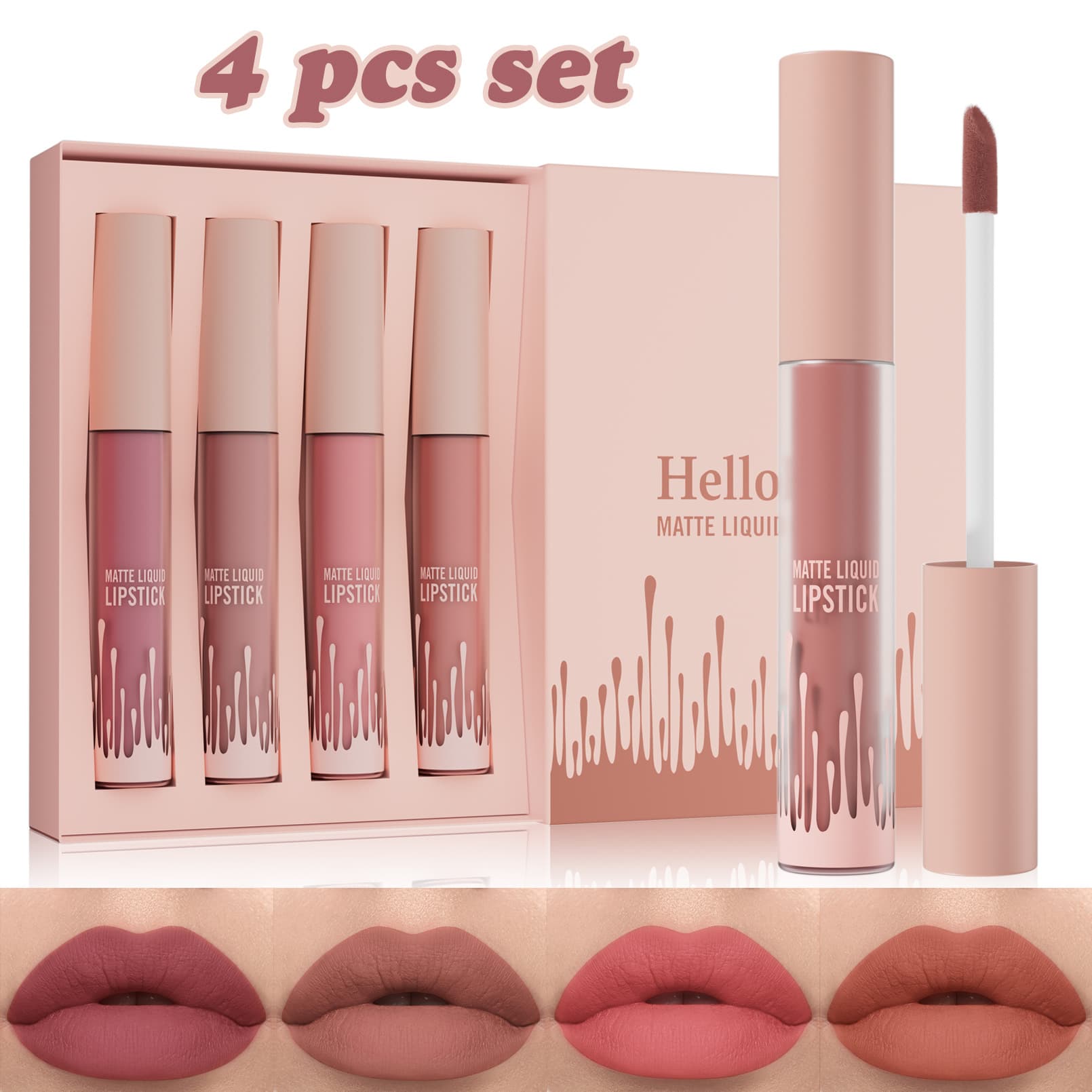 Hellokiss Matte Velvet Matte Lip Glaze Four Piece Set Lip Gloss Set Makeup New Product