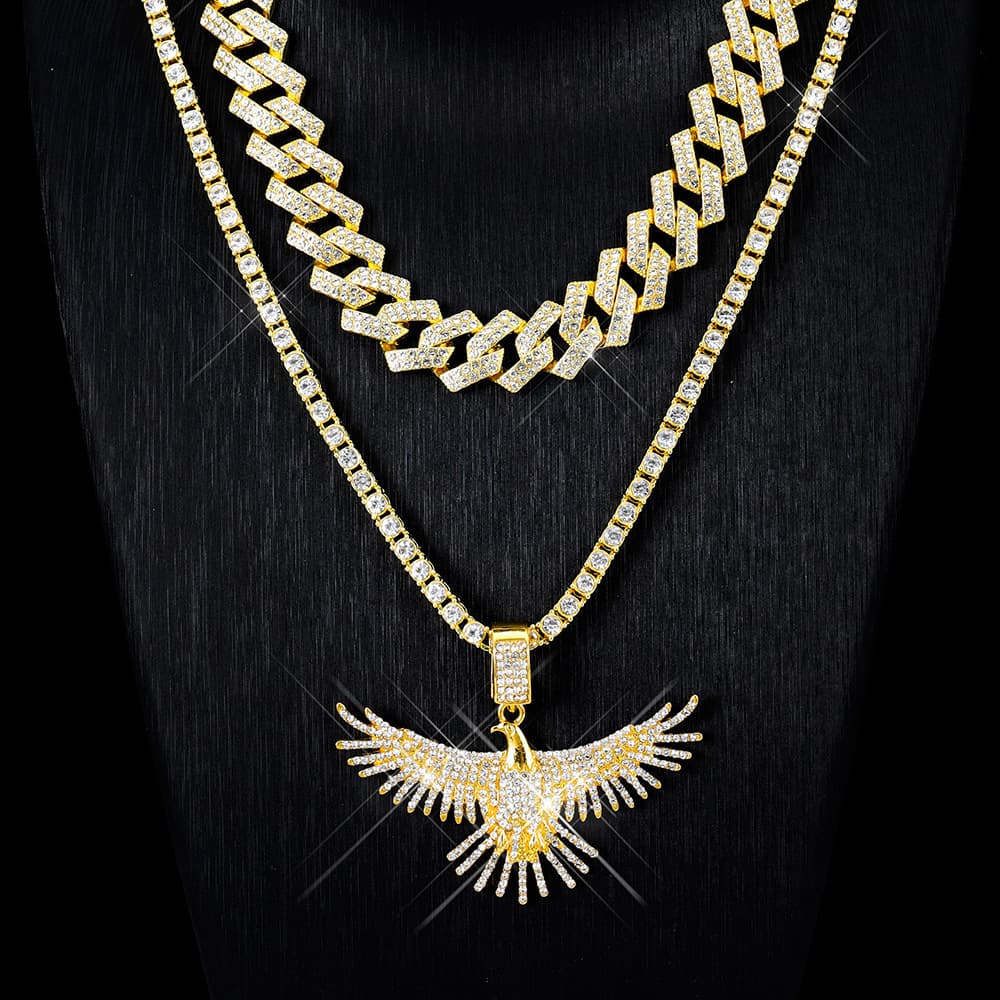 Hip hop all match personality eagle wings alloy full diamond pendant trendy cool street Cuban chain set