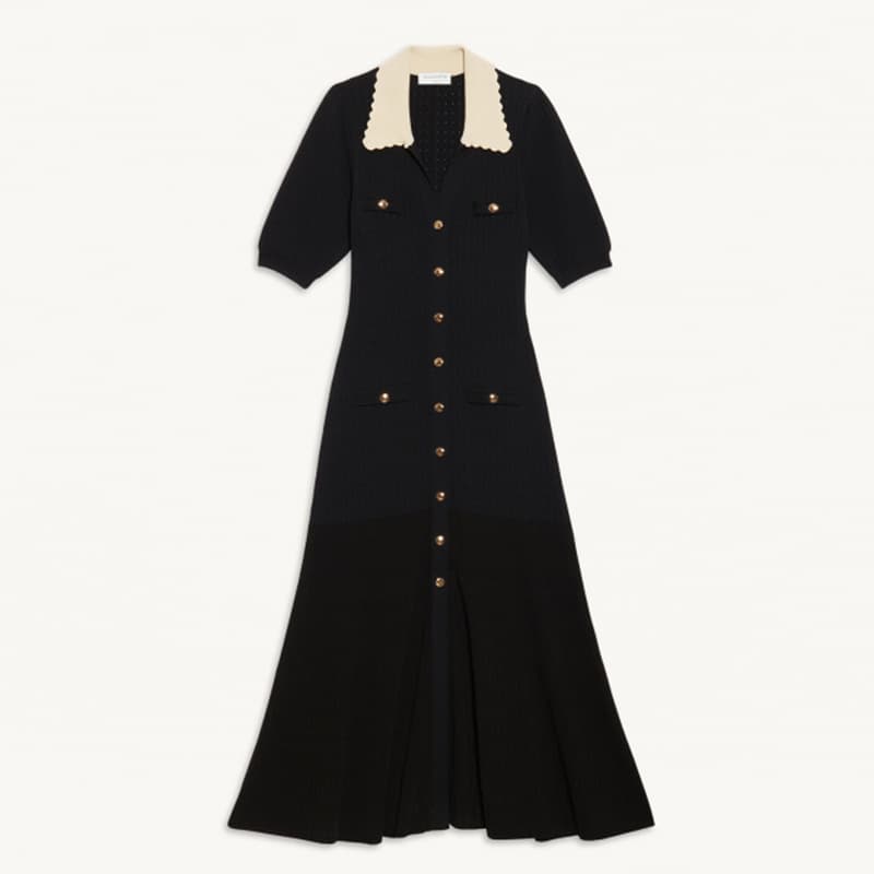 Women's Clothing Autumn New White Lapel Lace Short Sleeve Slim Gold Button Long Knitted Dress Female Temperament
