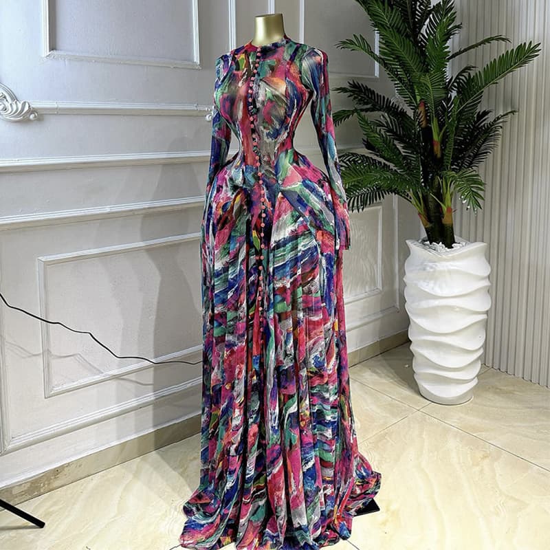 Women's Clothing Elegant Round Neck Printed Dress Long Sleeve Button Down Evening Gown For Spring
