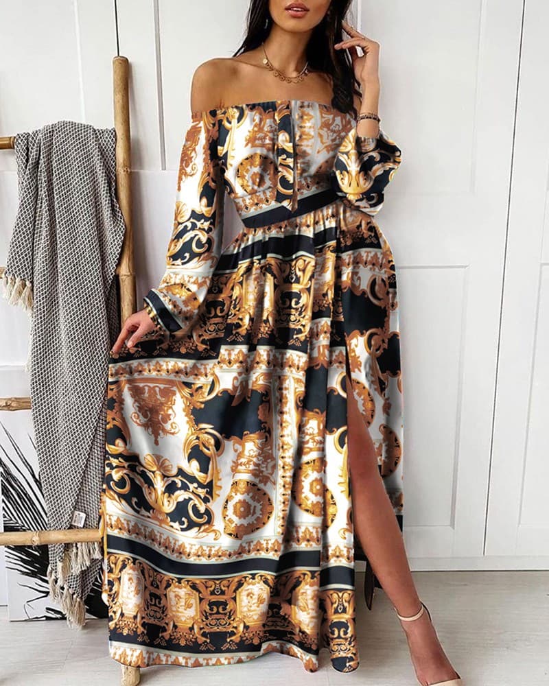 Women's printed dress V-neck pullover retro long-sleeved wide slit long dress wholesale