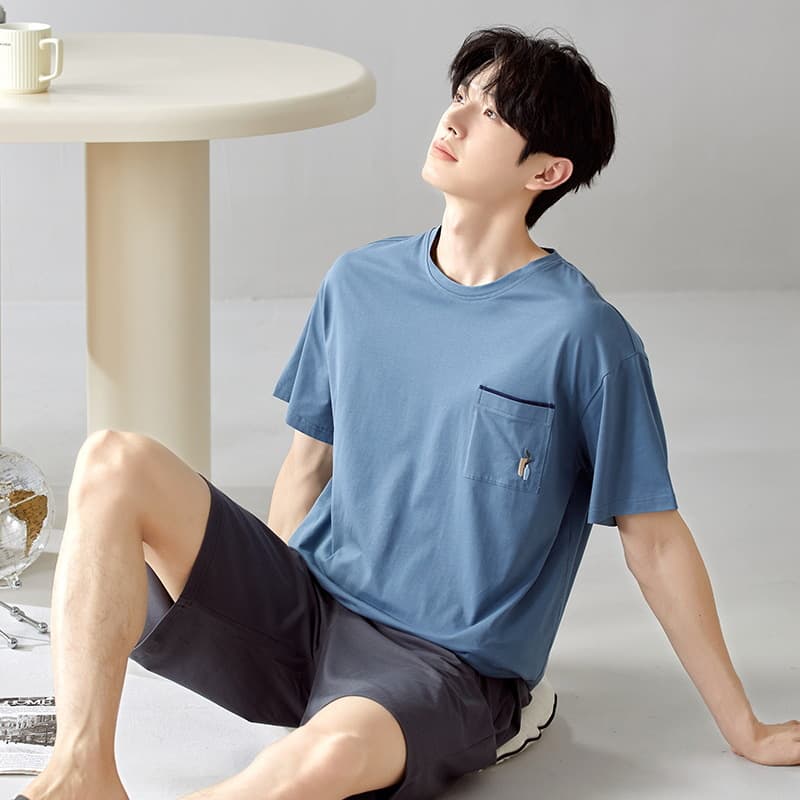 [Cross-border] New Men's Pajamas Summer Short-sleeved Cotton Teenagers Summer Shorts Round Neck Home Clothes suit