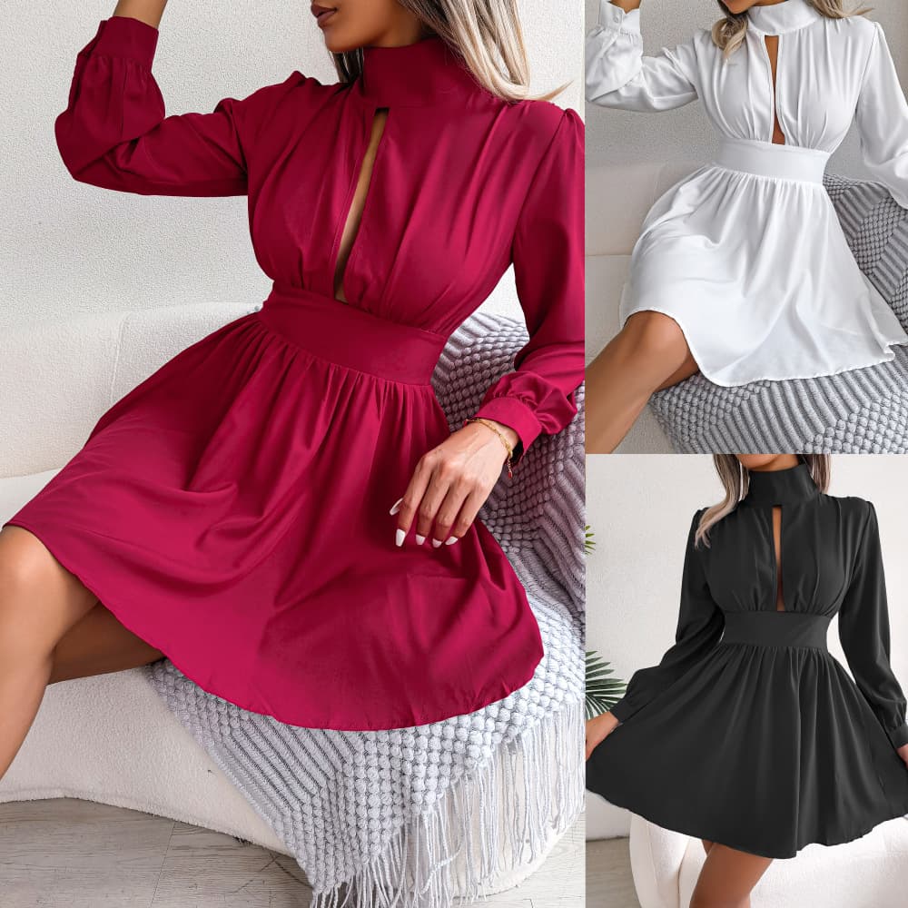 Women's clothing Ins style real shot autumn and winter sexy hollow waist big swing dress independent station women's clothing