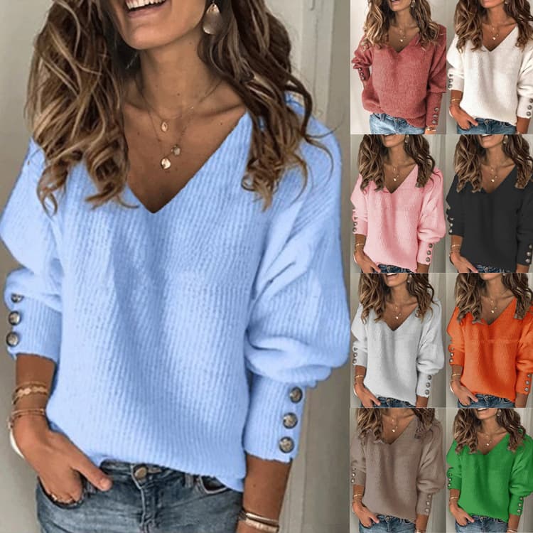 Women's Loose T-shirt Solid Color V-neck Sweater Top Woman