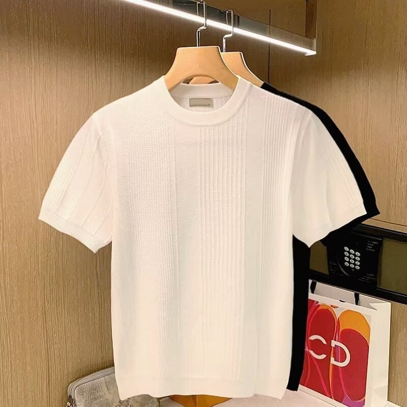 Men's Clothing Men's Slim Fit Round Neck Short Sleeve T-Shirt - Breathable Ice Silk Fabric, Lightweight & Comfortable, Solid Color Casual Top