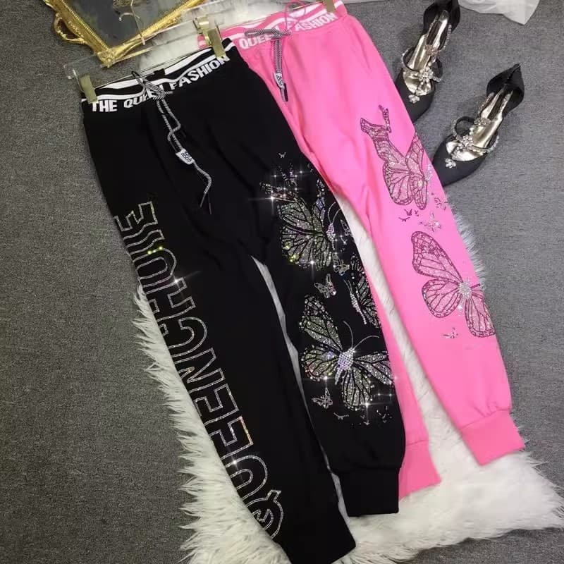 Women's Clothing Catties Fat Heavy Hot Diamond Sweatpants Butterfly High Waist Slimming Leg Sports