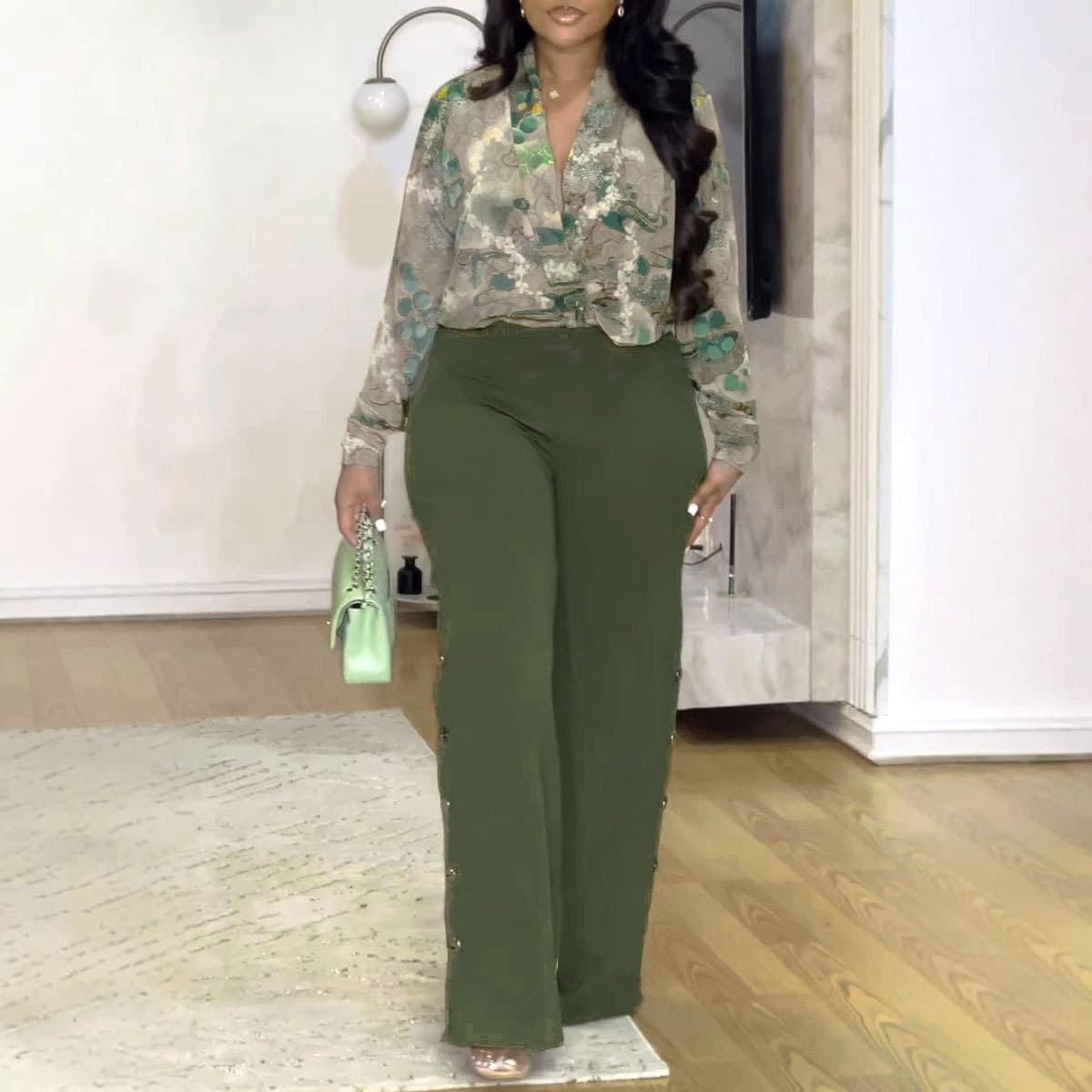 Women's Clothing printed V neck shirt wide leg pants two piece suit