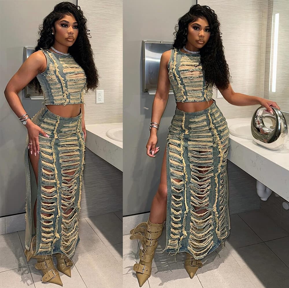 Women's Clothing Women's Denim Suits Women's Clothing Trend Personality Hand Worn Vest Slit Denim Skirt