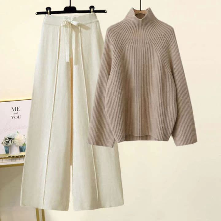 Ensemble coréen oversize en maille – Pull à grosses torsades et pantalon fluide à jambes larges, tenue d'hiver décontractée à col montant (Be
