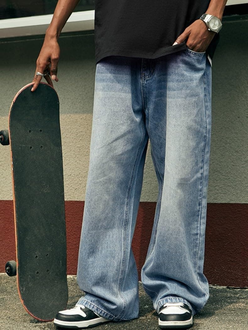 Mens Baggy Jeans Vintage Plain Pants Casual Wide Leg Loose Fit Denim Hip Hop Jean