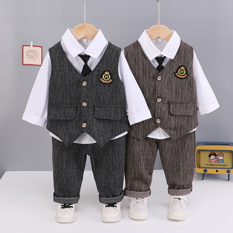 Bestseller Handome Little Boy' Three-piece Uit With Long Tie Vet, 2026 Pring And Autumn New Tyle, Tylih White Hirt For ALYCExiyuebaobao