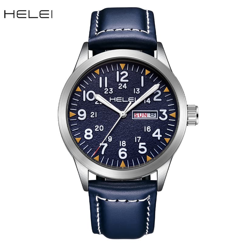 New Brand HELEI Men's Watch Genuine Leather Waterproof Luminous Wrist Watch Quartz Watch Calendar Week Display