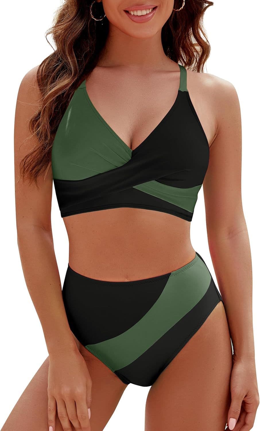 Women's Contrast Color 2 Piece Swimsuit Strap Cross Bra Top Bikini Set for Beach Vacation