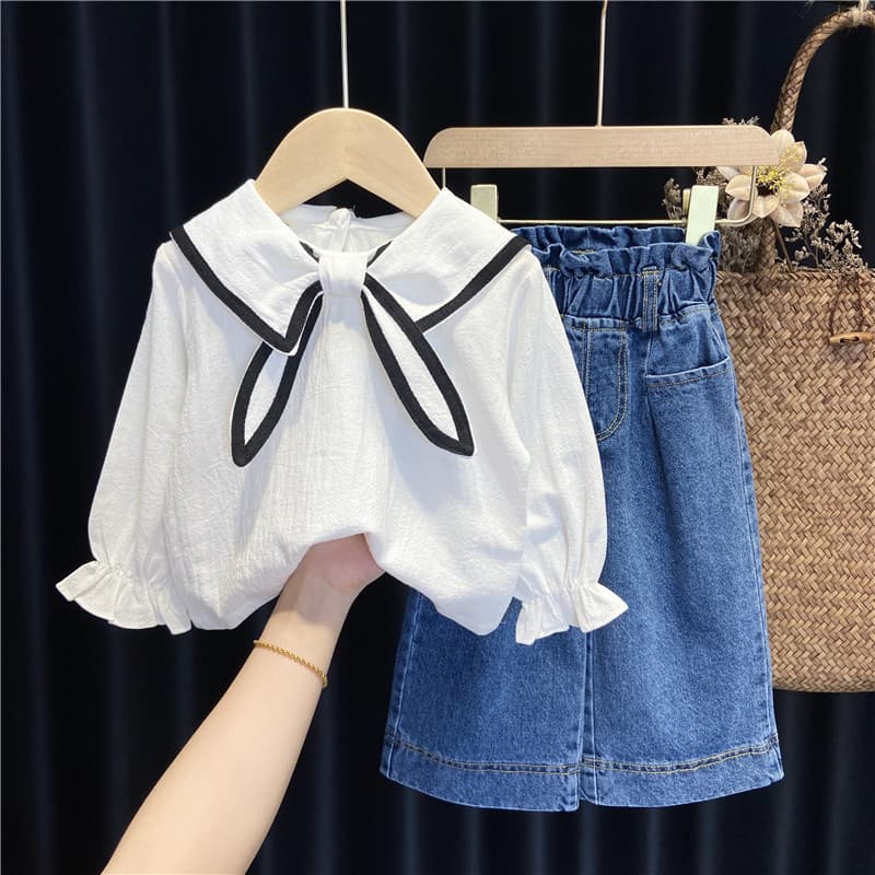 Kid's Clothing autumn new girls' cute navy collar shirt plus denim wide leg pants two piece set