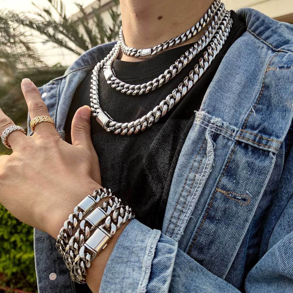 Chain Necklaces Flip button stainless steel necklace Hip Hop Round Ground encrypted Cuban chain titanium steel men's bracelet