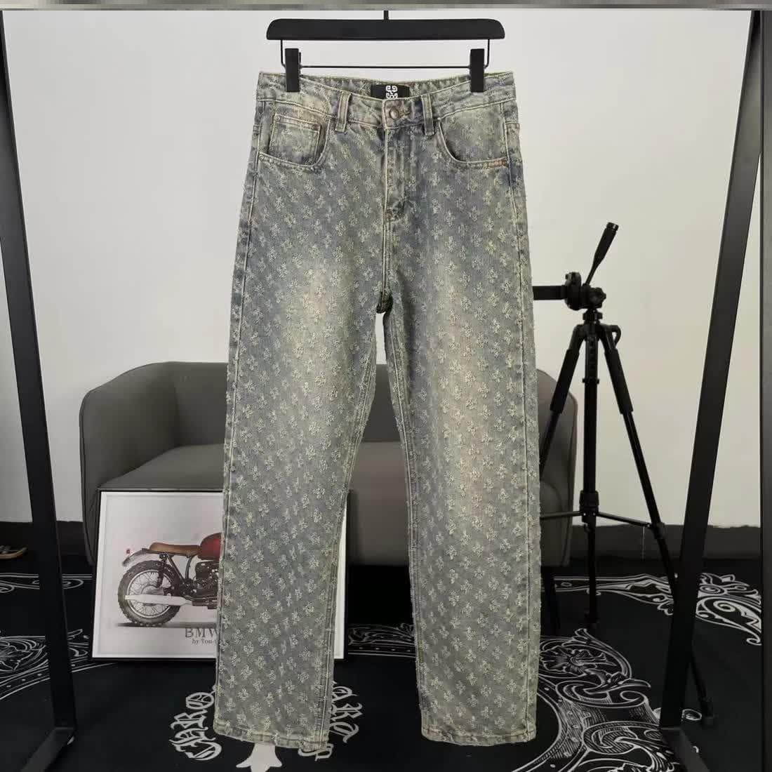 High Street Vintage Washed Denim Pants - Oversized Straight Leg Jeans With All-Over Print, Black/Blue (Sizes S-3XL, Unisex Streetwear Essential)​